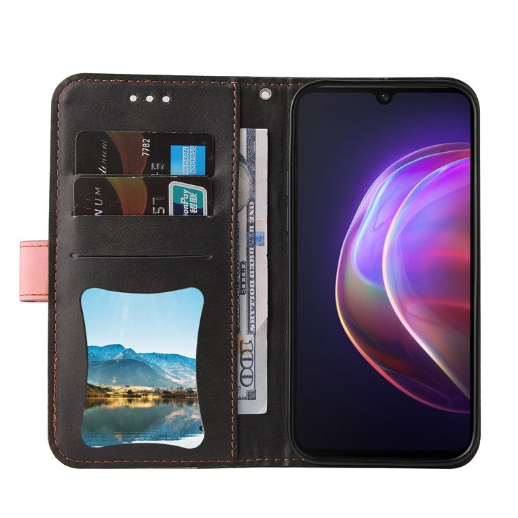 Bi-color Style Soft PU Leather Phone Case Wallet with Strap for vivo V21 4G/5G - Pink