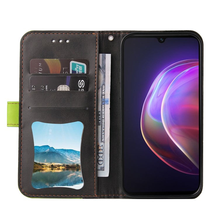 Bi-color Style Soft PU Leather Phone Case Wallet with Strap for vivo V21 4G/5G - Green
