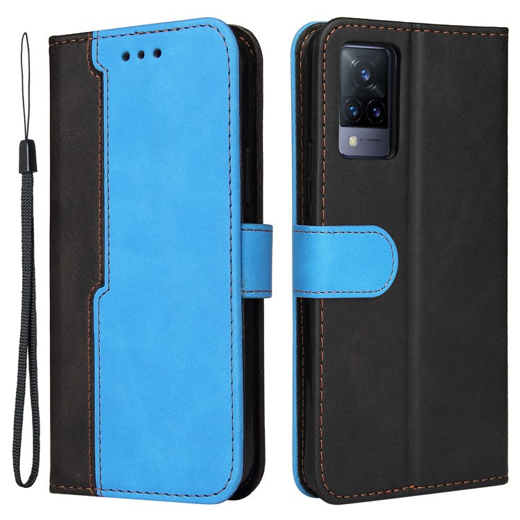 Bi-color Style Soft PU Leather Phone Case Wallet with Strap for vivo V21 4G/5G - Blue
