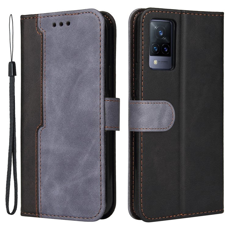 Bi-color Style Soft PU Leather Phone Case Wallet with Strap for vivo V21 4G/5G - Grey
