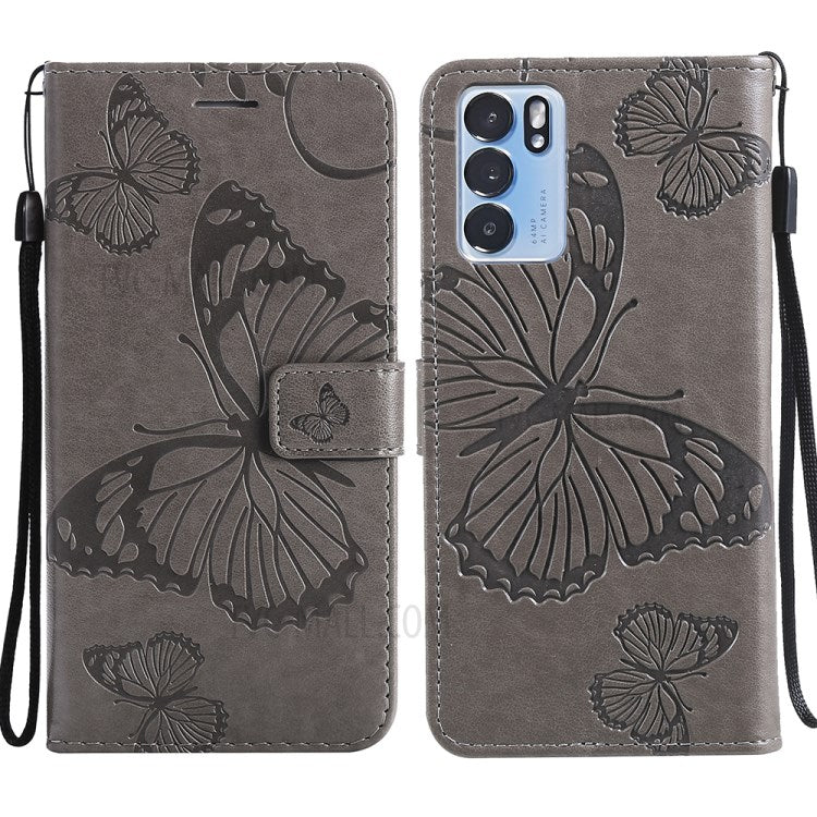 KT Imprinting Flower Series-2 Folio Flip Butterflies Imprinting Leather Wallet Case with Stand for Oppo Reno6 5G - Grey