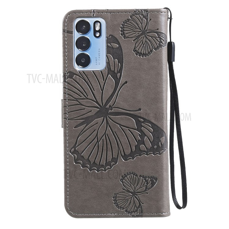 KT Imprinting Flower Series-2 Folio Flip Butterflies Imprinting Leather Wallet Case with Stand for Oppo Reno6 5G - Grey
