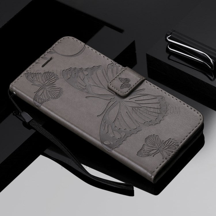 KT Imprinting Flower Series-2 Folio Flip Butterflies Imprinting Leather Wallet Case with Stand for Oppo Reno6 5G - Grey