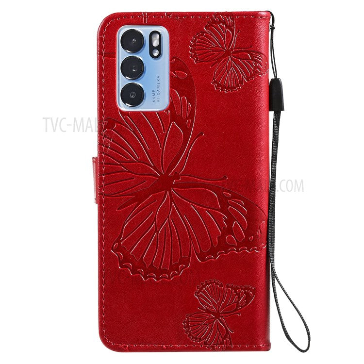 KT Imprinting Flower Series-2 Folio Flip Butterflies Imprinting Leather Wallet Case with Stand for Oppo Reno6 5G - Red