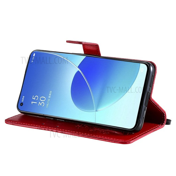 KT Imprinting Flower Series-2 Folio Flip Butterflies Imprinting Leather Wallet Case with Stand for Oppo Reno6 5G - Red