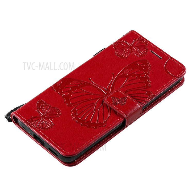 KT Imprinting Flower Series-2 Folio Flip Butterflies Imprinting Leather Wallet Case with Stand for Oppo Reno6 5G - Red