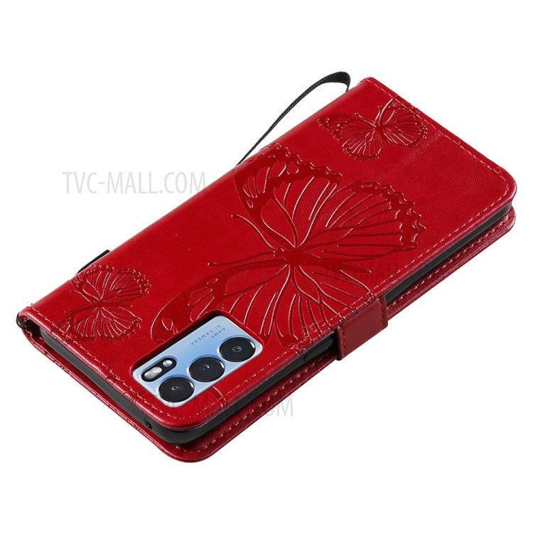 KT Imprinting Flower Series-2 Folio Flip Butterflies Imprinting Leather Wallet Case with Stand for Oppo Reno6 5G - Red