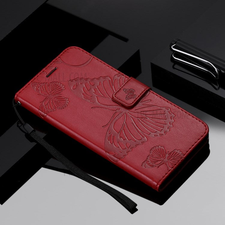 KT Imprinting Flower Series-2 Folio Flip Butterflies Imprinting Leather Wallet Case with Stand for Oppo Reno6 5G - Red