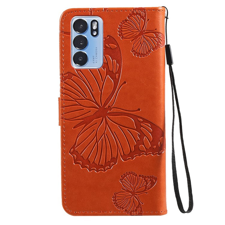 KT Imprinting Flower Series-2 Folio Flip Butterflies Imprinting Leather Wallet Case with Stand for Oppo Reno6 5G - Orange