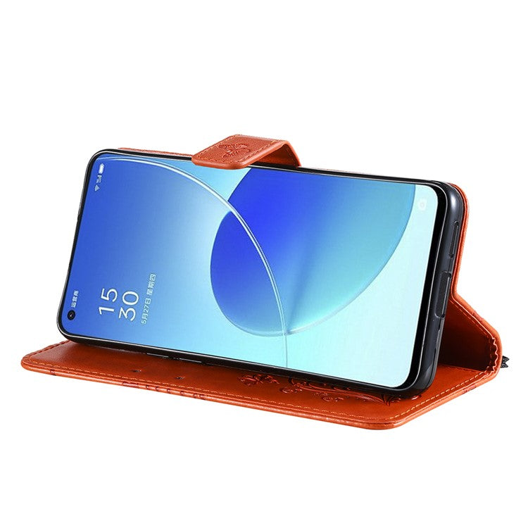 KT Imprinting Flower Series-2 Folio Flip Butterflies Imprinting Leather Wallet Case with Stand for Oppo Reno6 5G - Orange