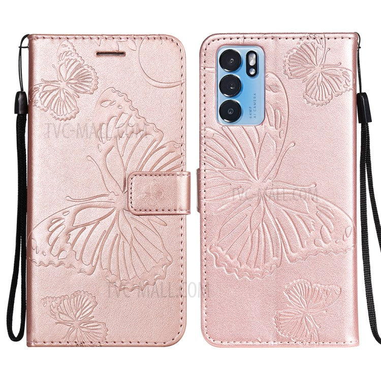 KT Imprinting Flower Series-2 Folio Flip Butterflies Imprinting Leather Wallet Case with Stand for Oppo Reno6 5G - Rose Gold