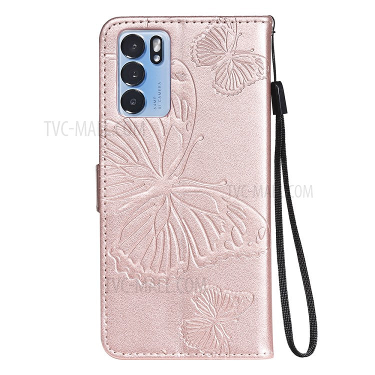 KT Imprinting Flower Series-2 Folio Flip Butterflies Imprinting Leather Wallet Case with Stand for Oppo Reno6 5G - Rose Gold