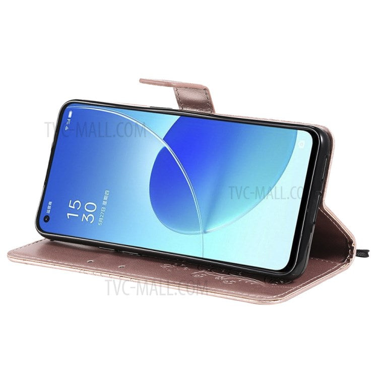 KT Imprinting Flower Series-2 Folio Flip Butterflies Imprinting Leather Wallet Case with Stand for Oppo Reno6 5G - Rose Gold