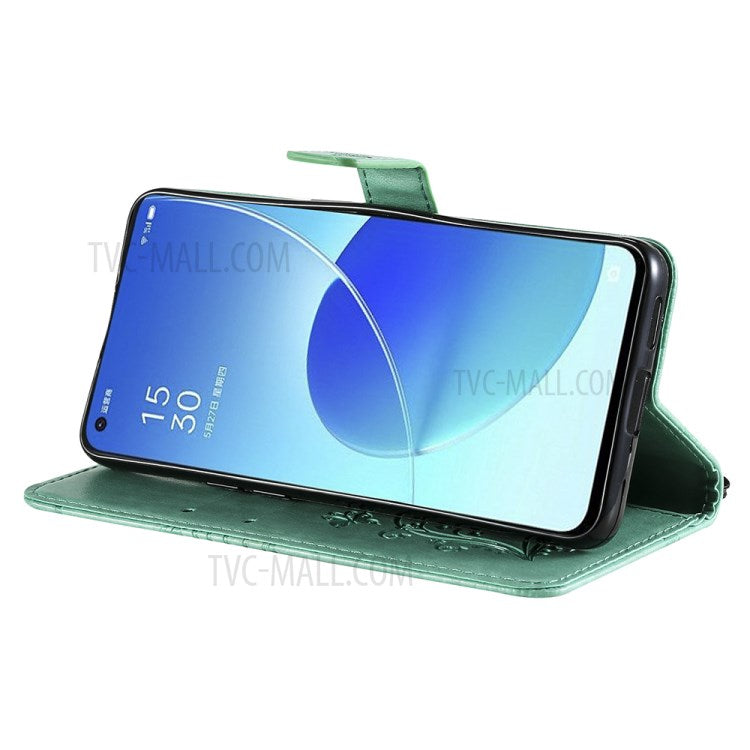 KT Imprinting Flower Series-2 Folio Flip Butterflies Imprinting Leather Wallet Case with Stand for Oppo Reno6 5G - Green