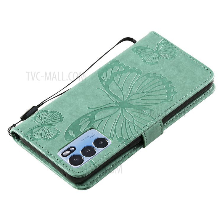 KT Imprinting Flower Series-2 Folio Flip Butterflies Imprinting Leather Wallet Case with Stand for Oppo Reno6 5G - Green