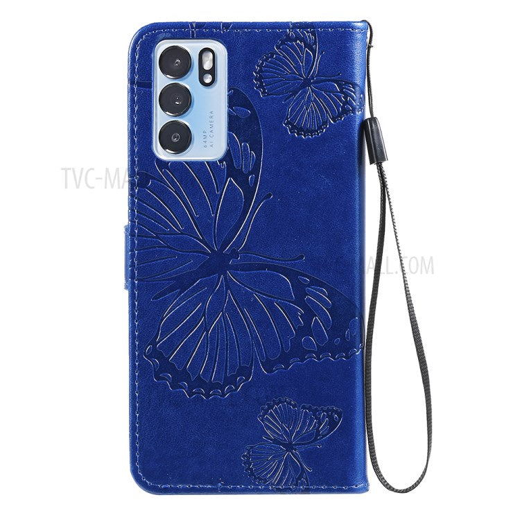 KT Imprinting Flower Series-2 Folio Flip Butterflies Imprinting Leather Wallet Case with Stand for Oppo Reno6 5G - Blue