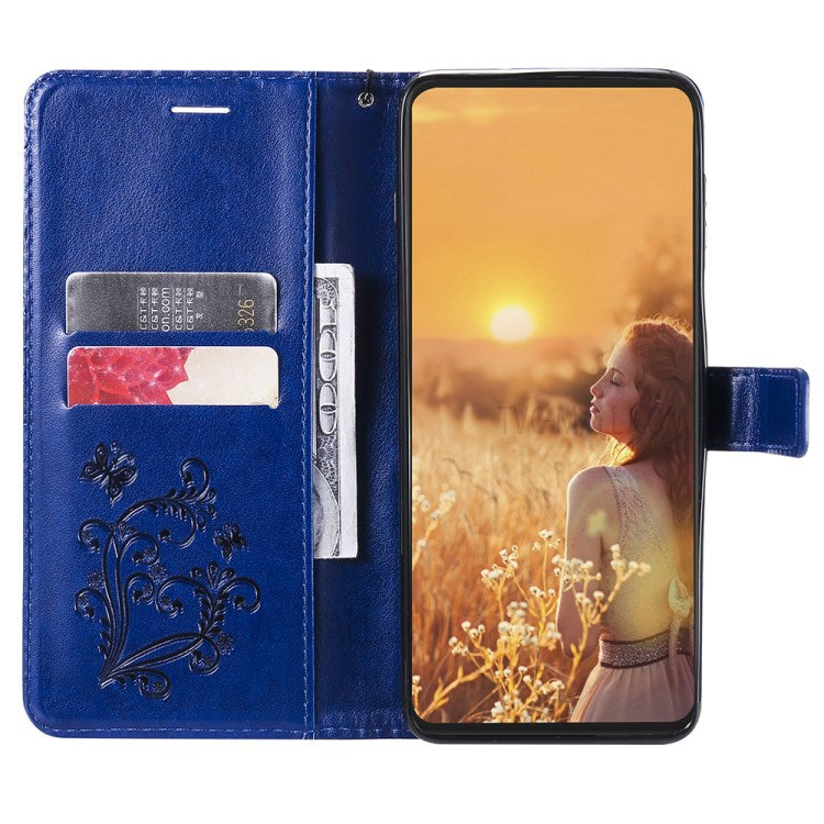 KT Imprinting Flower Series-2 Folio Flip Butterflies Imprinting Leather Wallet Case with Stand for Oppo Reno6 5G - Blue