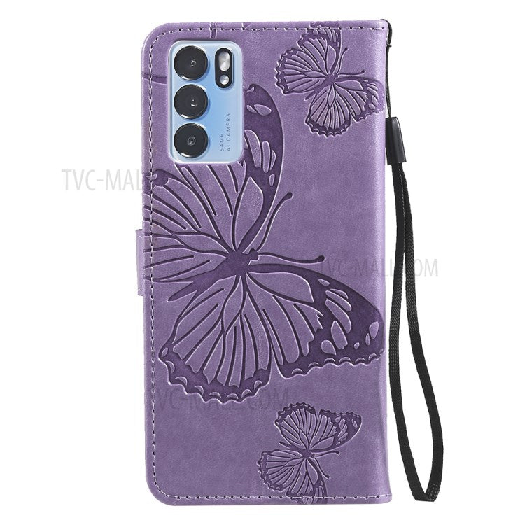 KT Imprinting Flower Series-2 Folio Flip Butterflies Imprinting Leather Wallet Case with Stand for Oppo Reno6 5G - Purple