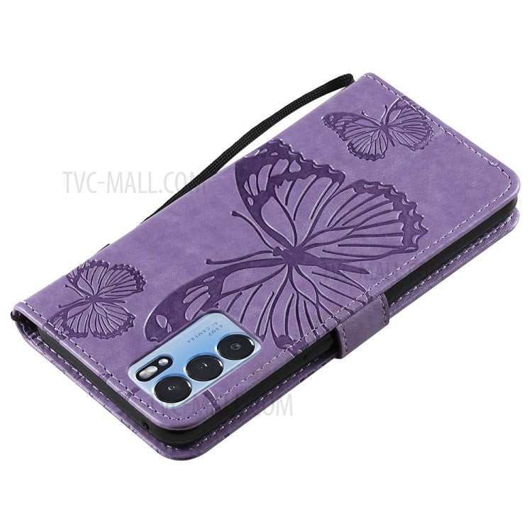 KT Imprinting Flower Series-2 Folio Flip Butterflies Imprinting Leather Wallet Case with Stand for Oppo Reno6 5G - Purple