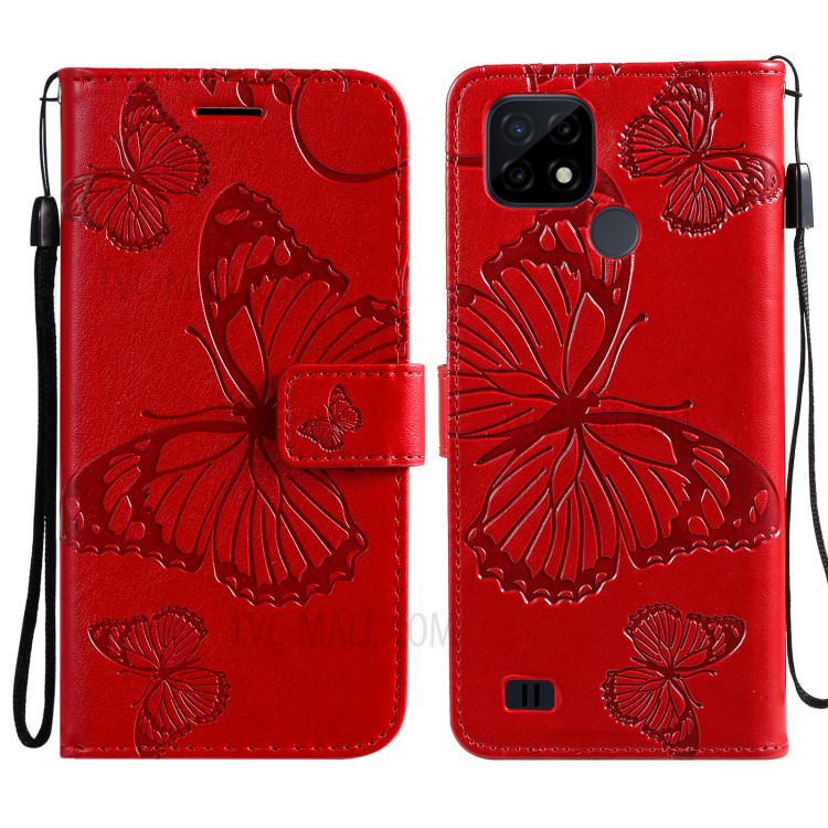 KT Imprinting Flower Series-2 Imprint Butterflies Wallet Stand Leather Flip Cover Protective Case with Handy Strap for Realme C21 - Red
