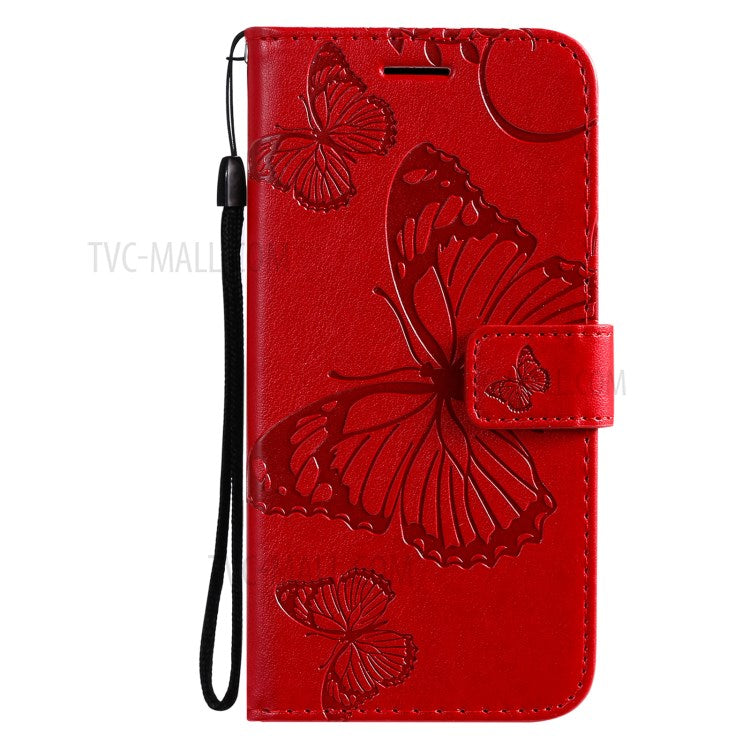 KT Imprinting Flower Series-2 Imprint Butterflies Wallet Stand Leather Flip Cover Protective Case with Handy Strap for Realme C21 - Red
