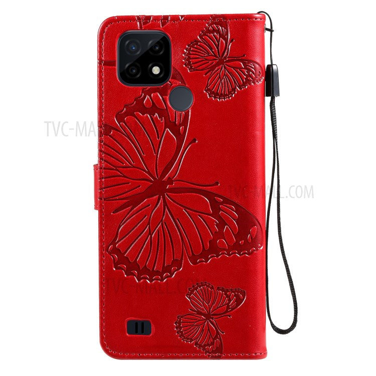 KT Imprinting Flower Series-2 Imprint Butterflies Wallet Stand Leather Flip Cover Protective Case with Handy Strap for Realme C21 - Red