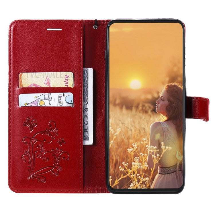 KT Imprinting Flower Series-2 Imprint Butterflies Wallet Stand Leather Flip Cover Protective Case with Handy Strap for Realme C21 - Red