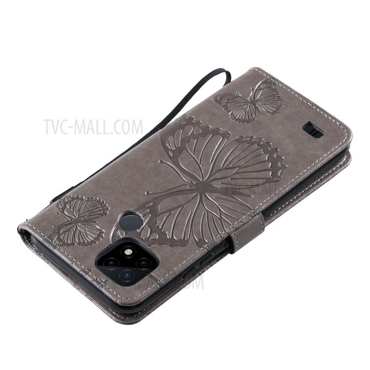 KT Imprinting Flower Series-2 Imprint Butterflies Wallet Stand Leather Flip Cover Protective Case with Handy Strap for Realme C21 - Grey