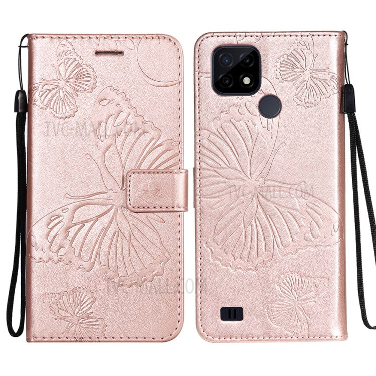 KT Imprinting Flower Series-2 Imprint Butterflies Wallet Stand Leather Flip Cover Protective Case with Handy Strap for Realme C21 - Rose Gold