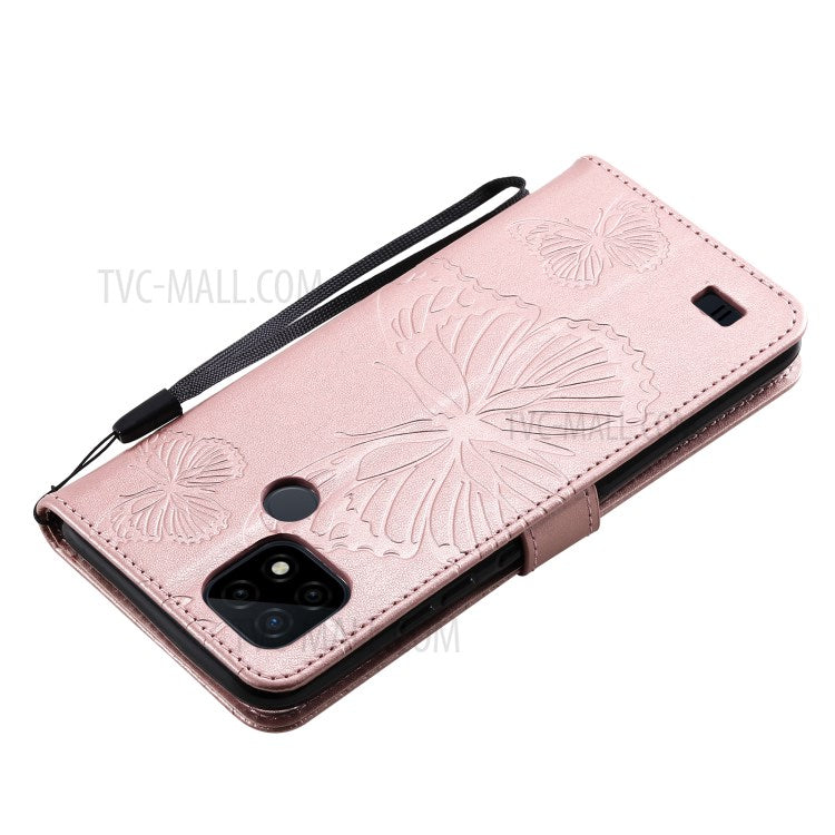 KT Imprinting Flower Series-2 Imprint Butterflies Wallet Stand Leather Flip Cover Protective Case with Handy Strap for Realme C21 - Rose Gold