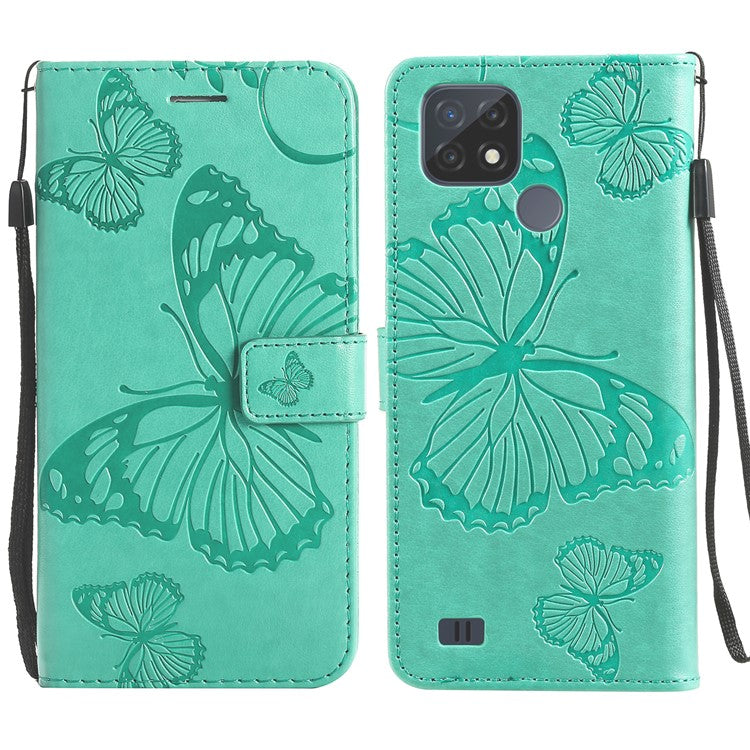 KT Imprinting Flower Series-2 Imprint Butterflies Wallet Stand Leather Flip Cover Protective Case with Handy Strap for Realme C21 - Green