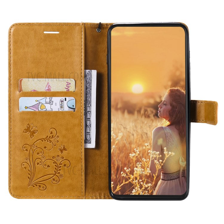 KT Imprinting Flower Series-2 Imprint Butterflies Wallet Stand Leather Flip Cover Protective Case with Handy Strap for Realme C21 - Yellow