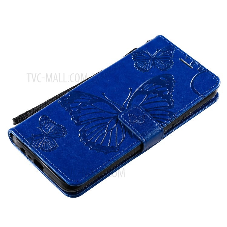 KT Imprinting Flower Series-2 Imprint Butterflies Wallet Stand Leather Flip Cover Protective Case with Handy Strap for Realme C21 - Blue