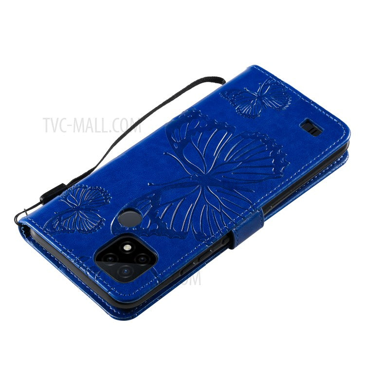 KT Imprinting Flower Series-2 Imprint Butterflies Wallet Stand Leather Flip Cover Protective Case with Handy Strap for Realme C21 - Blue