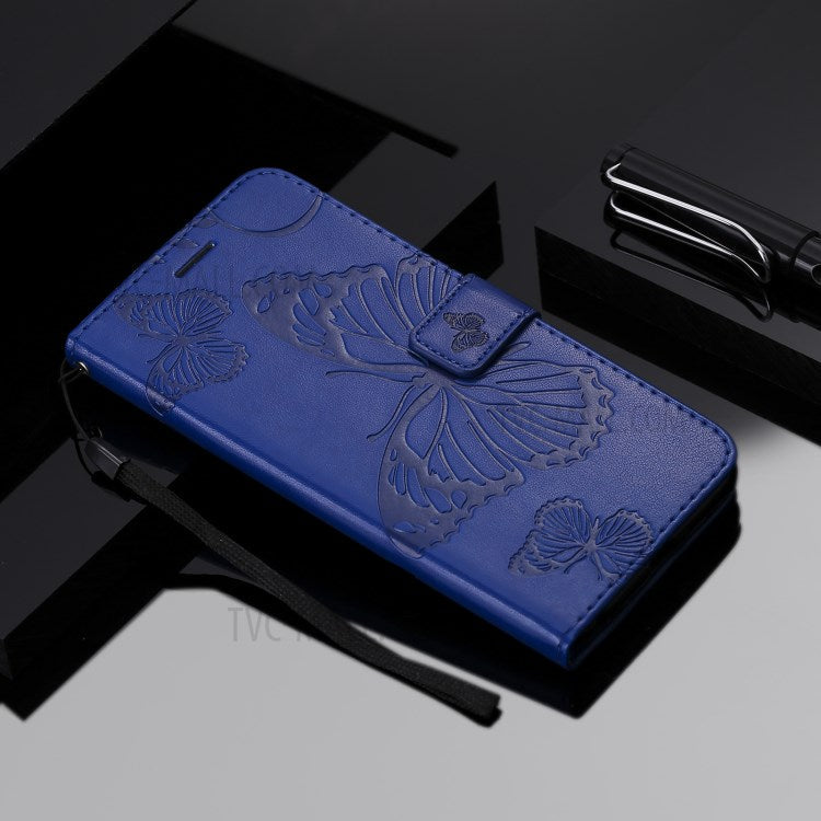 KT Imprinting Flower Series-2 Imprint Butterflies Wallet Stand Leather Flip Cover Protective Case with Handy Strap for Realme C21 - Blue