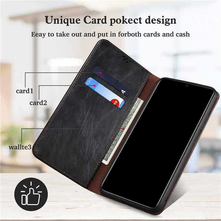 Leisure Waxy Crazy Horse Texture Leather Wallet Stand Phone Case Auto-Absorbed Flip Cover for Oppo A16/A16s/A54s - Black
