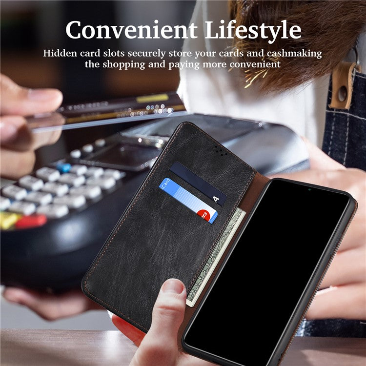 Leisure Waxy Crazy Horse Texture Leather Wallet Stand Phone Case Auto-Absorbed Flip Cover for Oppo A16/A16s/A54s - Black