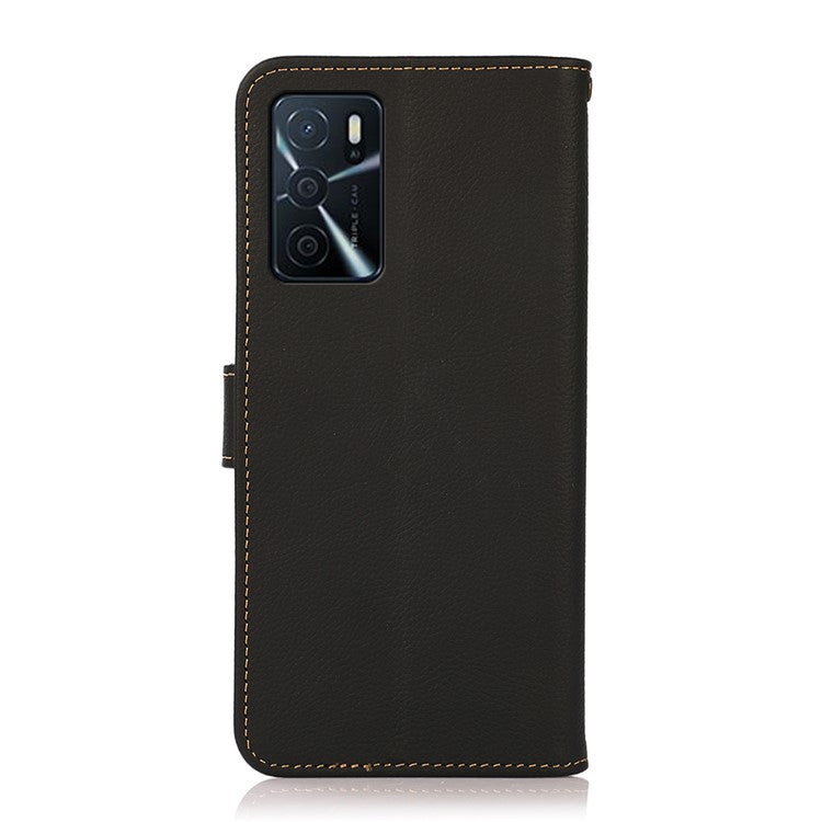 KHAZNEH Genuine Leather Wallet Stand Phone Case with Anti-theft Swiping Design for Oppo A16/A16s/A54s - Black