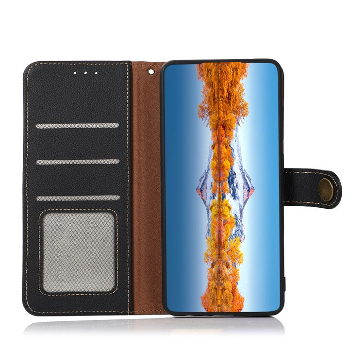 KHAZNEH Genuine Leather Wallet Stand Phone Case with Anti-theft Swiping Design for Oppo A16/A16s/A54s - Black
