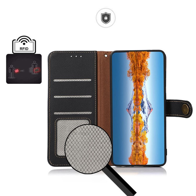 KHAZNEH Genuine Leather Wallet Stand Phone Case with Anti-theft Swiping Design for Oppo A16/A16s/A54s - Black