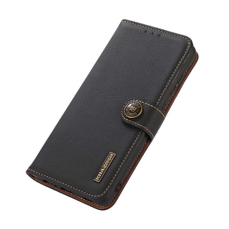 KHAZNEH Genuine Leather Wallet Stand Phone Case with Anti-theft Swiping Design for Oppo A16/A16s/A54s - Black