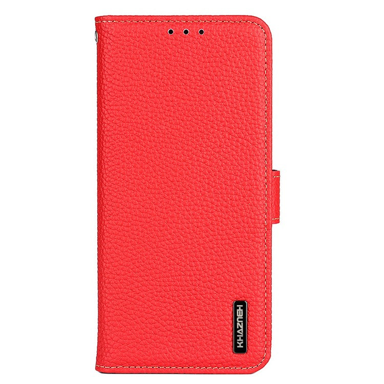 KHAZNEH Litchi Texture Top Layer Genuine Leather Wallet Stand Phone Case Shell for Oppo A16/A16s/A54s - Red