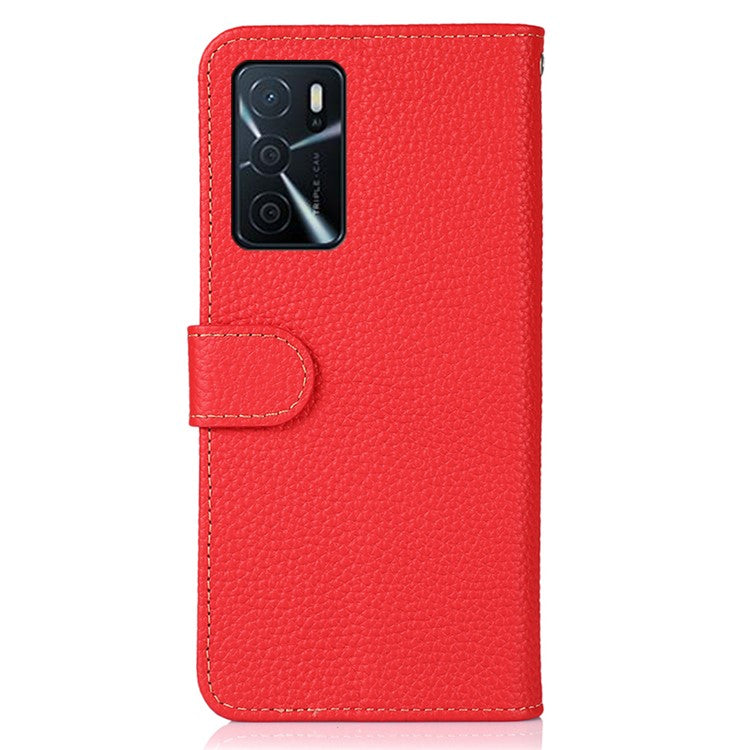 KHAZNEH Litchi Texture Top Layer Genuine Leather Wallet Stand Phone Case Shell for Oppo A16/A16s/A54s - Red