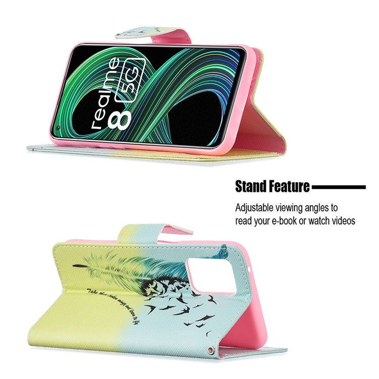 Wallet Stand Design Folio Flip Pattern Printing Magnetic Leather Case for Realme 8 5G/V13 5G/Narzo 30 5G - Feather/Bird Pattern