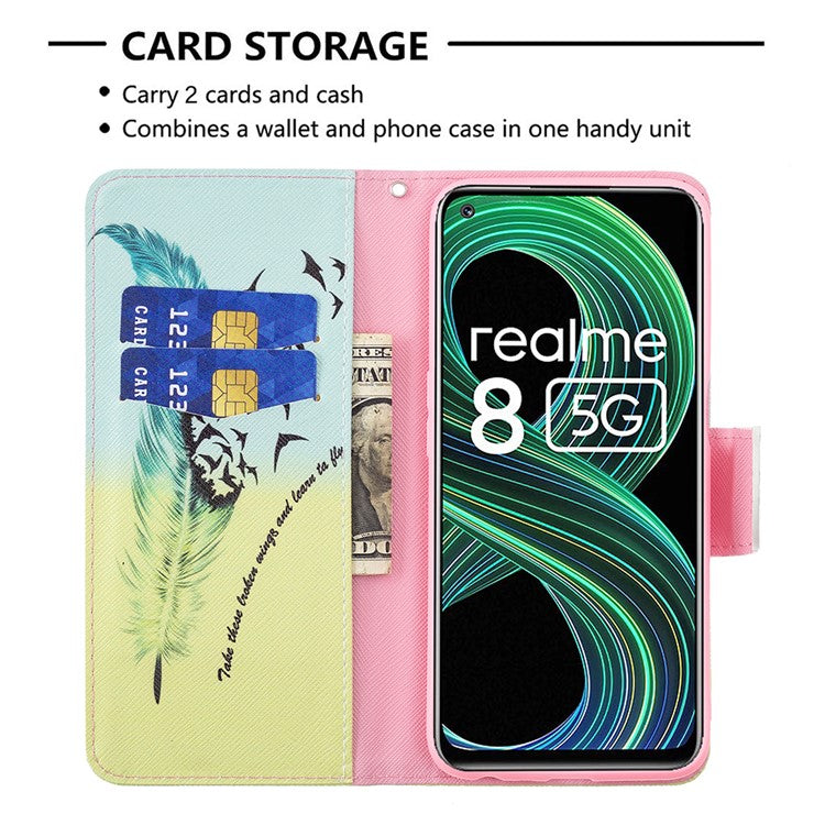 Wallet Stand Design Folio Flip Pattern Printing Magnetic Leather Case for Realme 8 5G/V13 5G/Narzo 30 5G - Feather/Bird Pattern