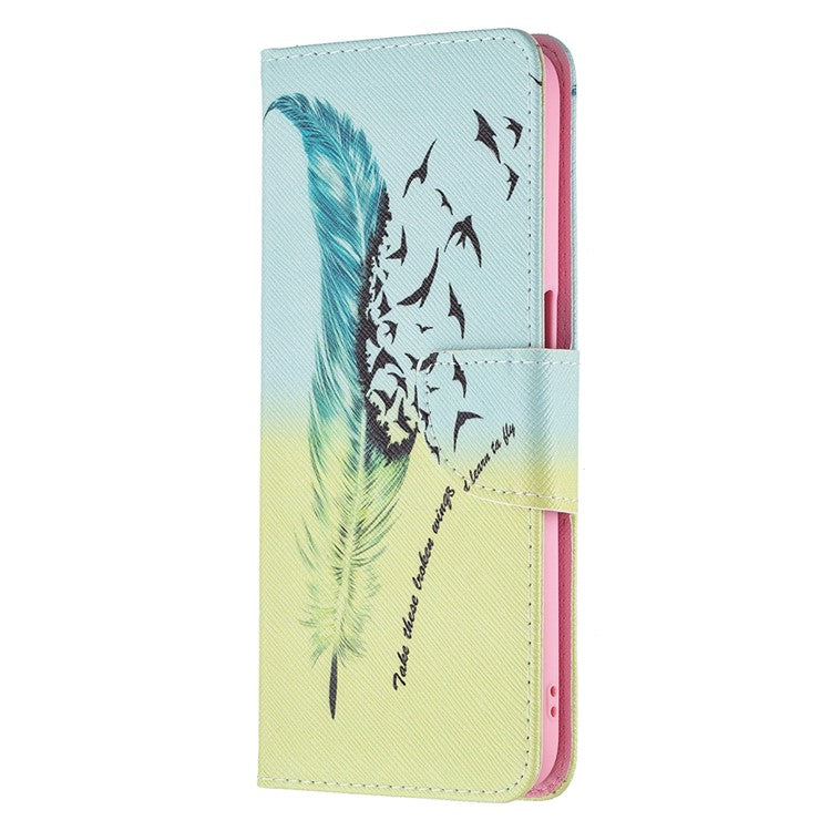 Wallet Stand Design Folio Flip Pattern Printing Magnetic Leather Case for Realme 8 5G/V13 5G/Narzo 30 5G - Feather/Bird Pattern