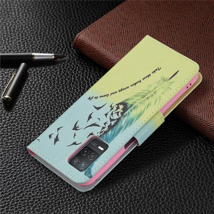 Wallet Stand Design Folio Flip Pattern Printing Magnetic Leather Case for Realme 8 5G/V13 5G/Narzo 30 5G - Feather/Bird Pattern