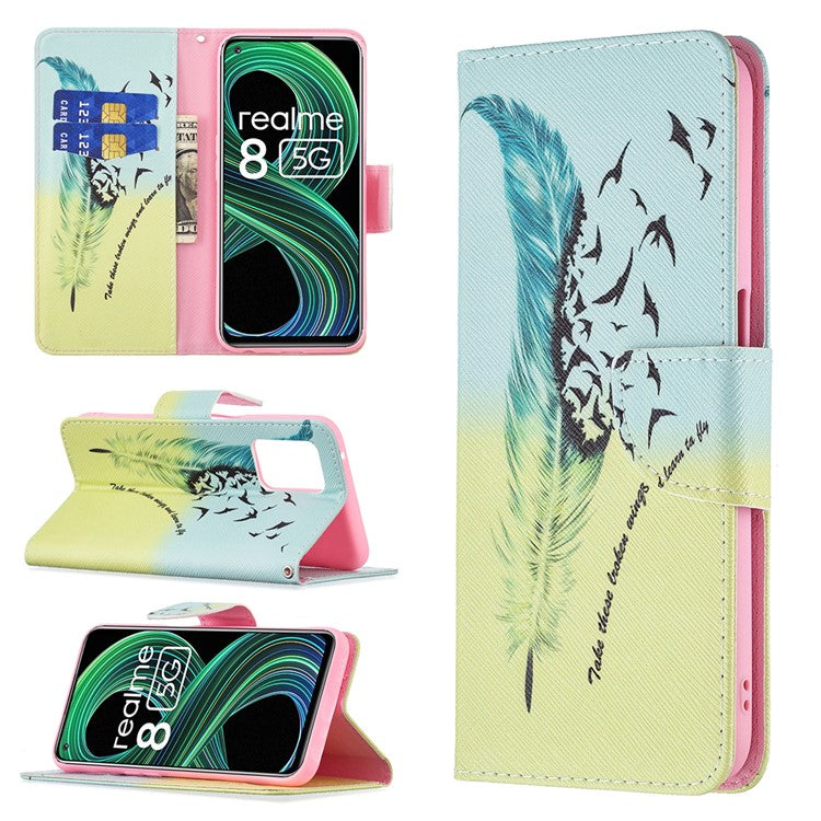 Wallet Stand Design Folio Flip Pattern Printing Magnetic Leather Case for Realme 8 5G/V13 5G/Narzo 30 5G - Feather/Bird Pattern