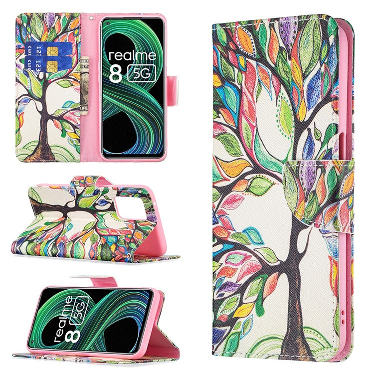 Wallet Stand Design Folio Flip Pattern Printing Magnetic Leather Case for Realme 8 5G/V13 5G/Narzo 30 5G - Life Tree