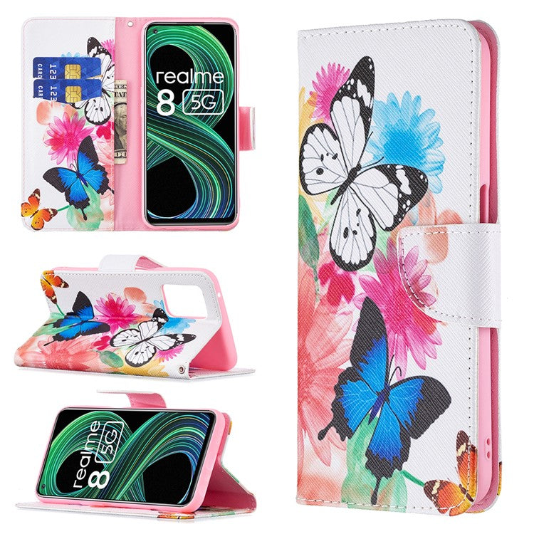 Wallet Stand Design Folio Flip Pattern Printing Magnetic Leather Case for Realme 8 5G/V13 5G/Narzo 30 5G - Vivid Butterflies